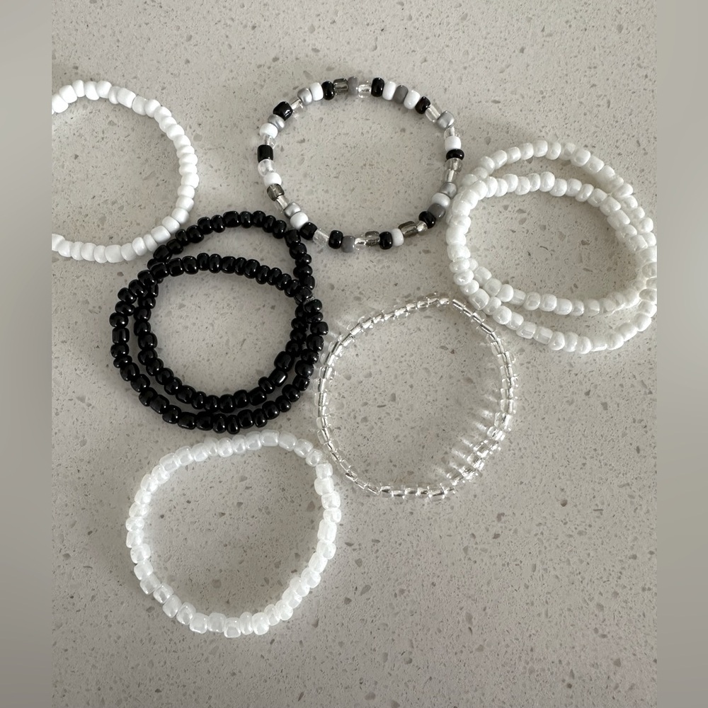 Seed Bead Stretch Bracelets Black White and Silver Colored